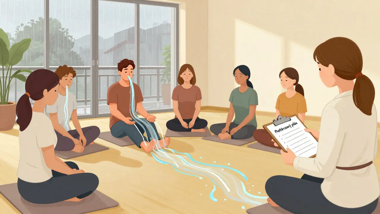 Skupina trénuje dechové techniky v klidném terapeutickém prostředí.