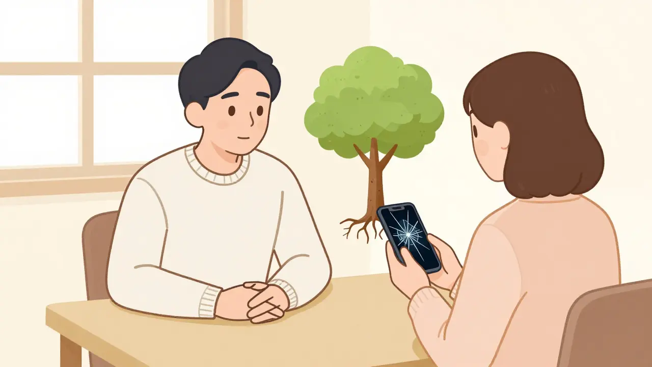 Terapeut a klient sedí v klidné místnosti, z telefonu roste strom, symbolizující obnovu reality.