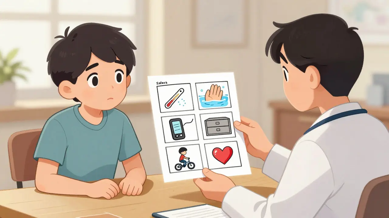 Terapeut a pacient společně procházejí ručně nakreslený bezpečnostní plán s šesti vizuálními kroky.