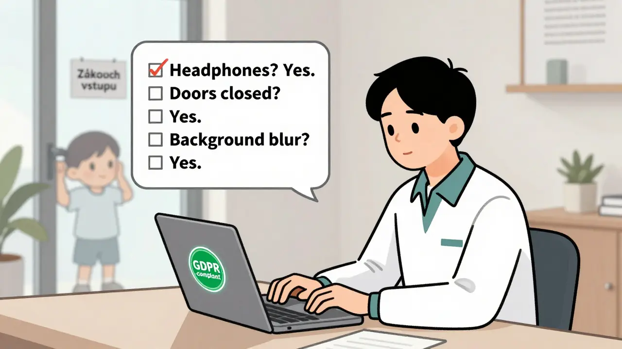 Terapeut kontroluje bezpečnostní nastavení online sezení, zatímco dítě není povoleno vstoupit do místnosti.