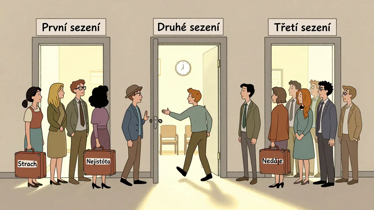 Tři dveře označené sezeními, jedna otevřená, s člověkem, který k ní krokuje.