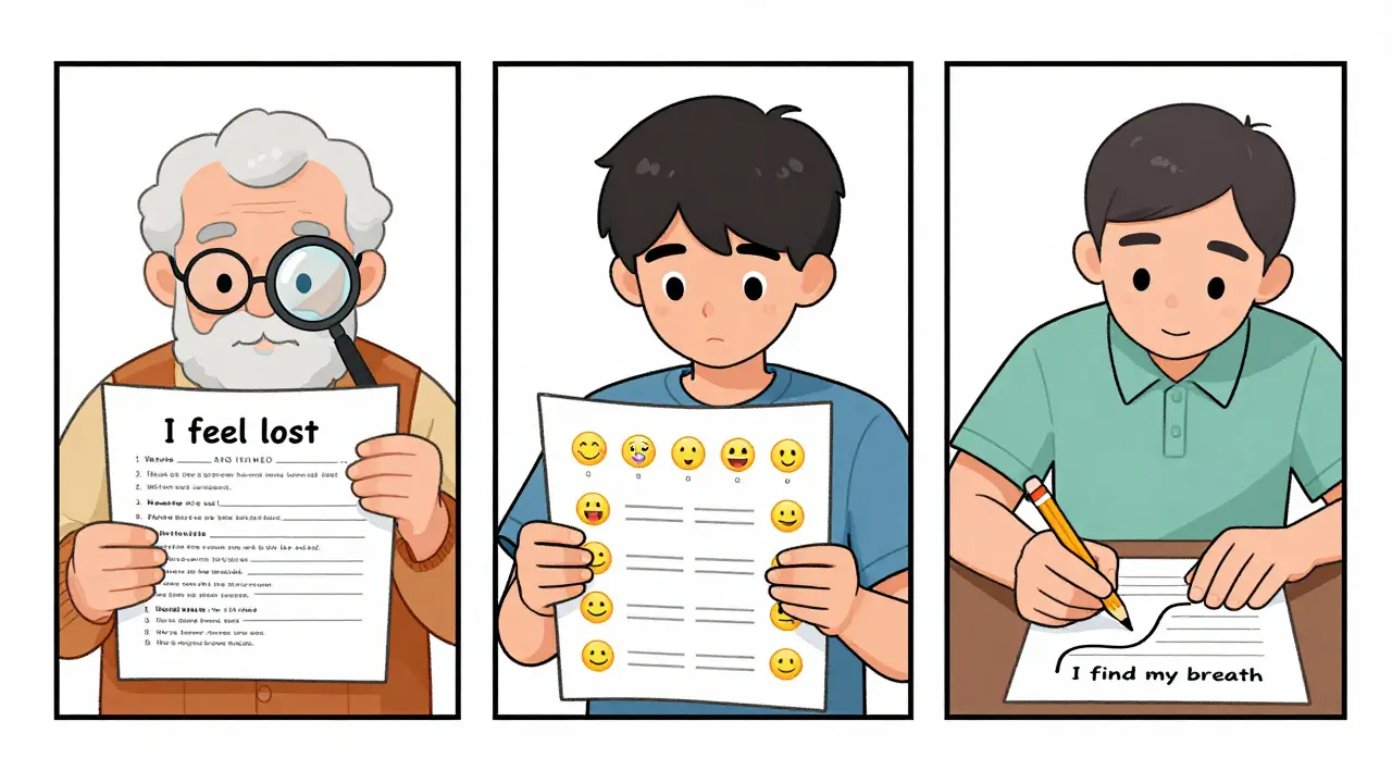 Tři různí klienti – senior, adolescent a klient po mrtvici – používají přizpůsobené pracovní listy v terapii.