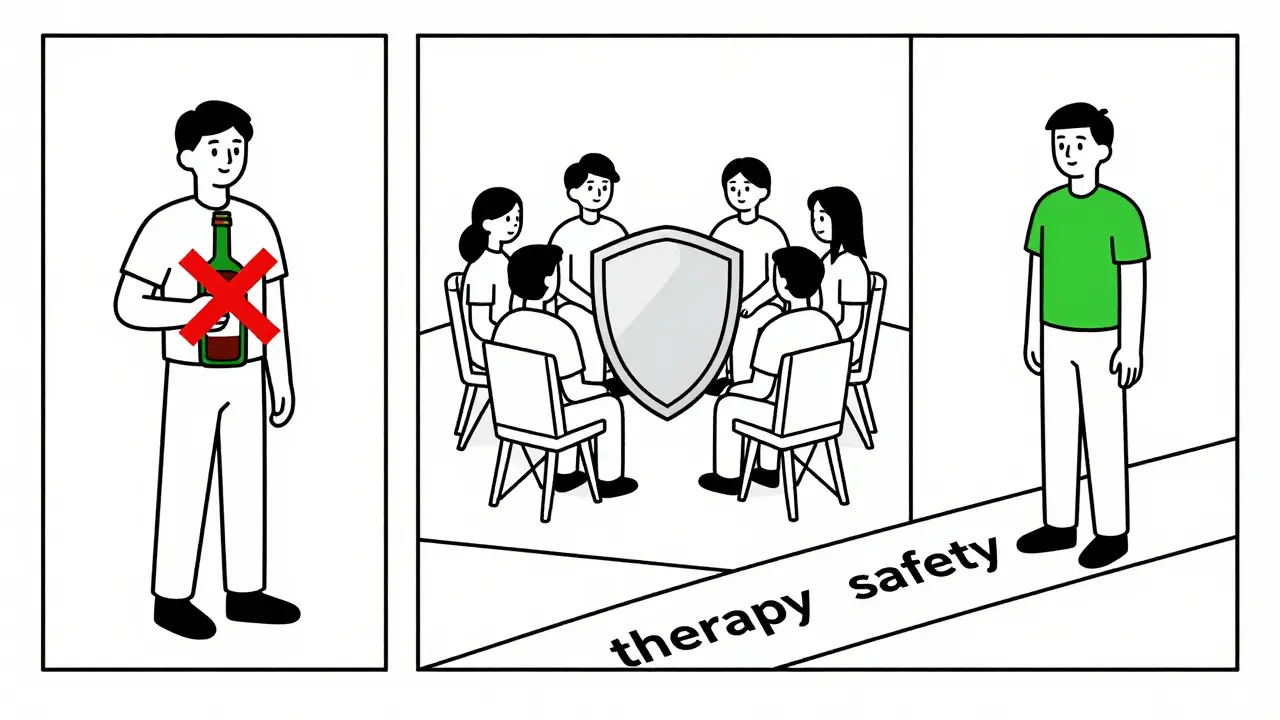 Tři scény: alkohol s křížkem, skupina s ochranným štítem a křižovatka s cestami 'terapie' a 'bezpečí'.