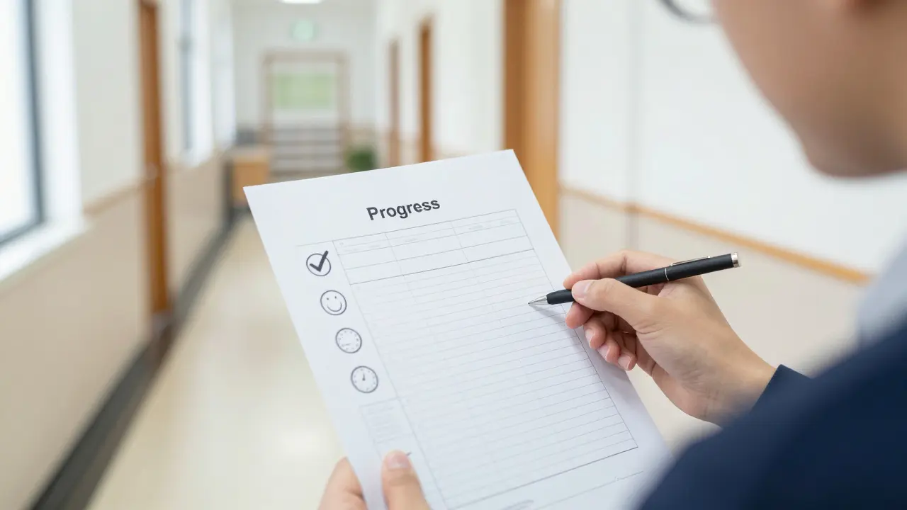 Učitel a terapeut prohlížejí záznam progresu s ikonami v třídě.