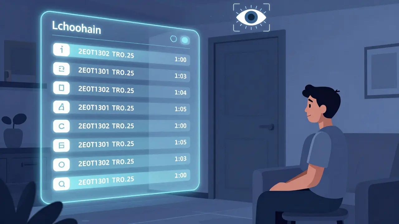 Bezpečná online terapie s blockchainovým záznamem a AI kontrolou prostředí v klidné místnosti.