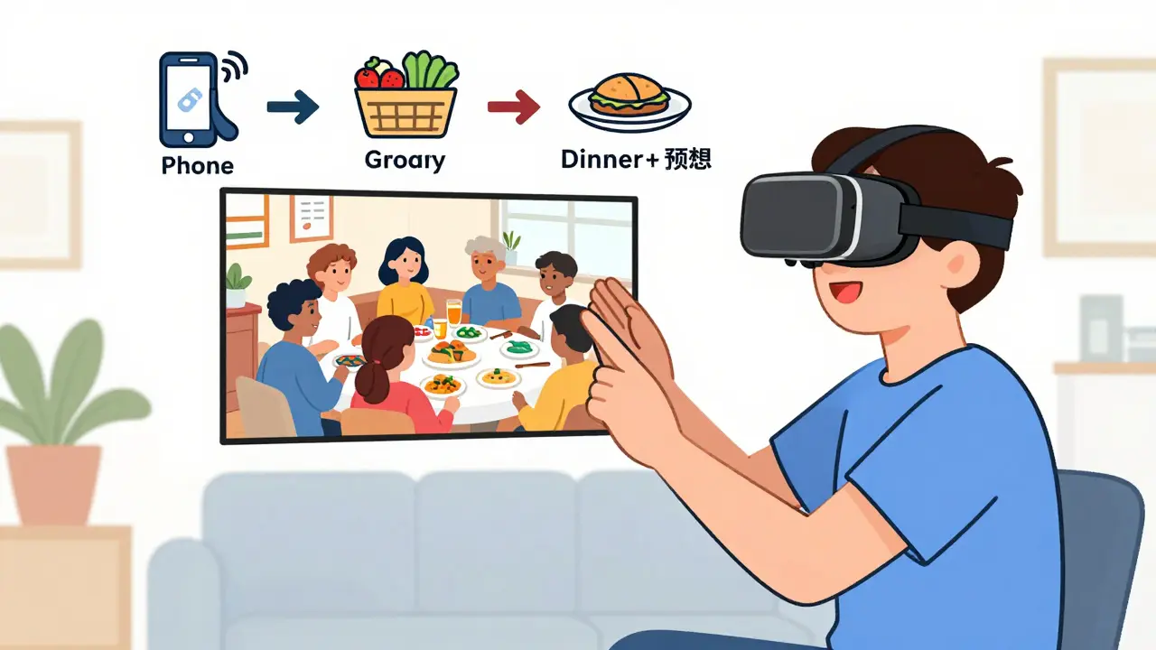 Člověk v VR headsetu interaguje s virtuální skupinou v restauraci, zatímco na zdi vidíme kroky terapie.