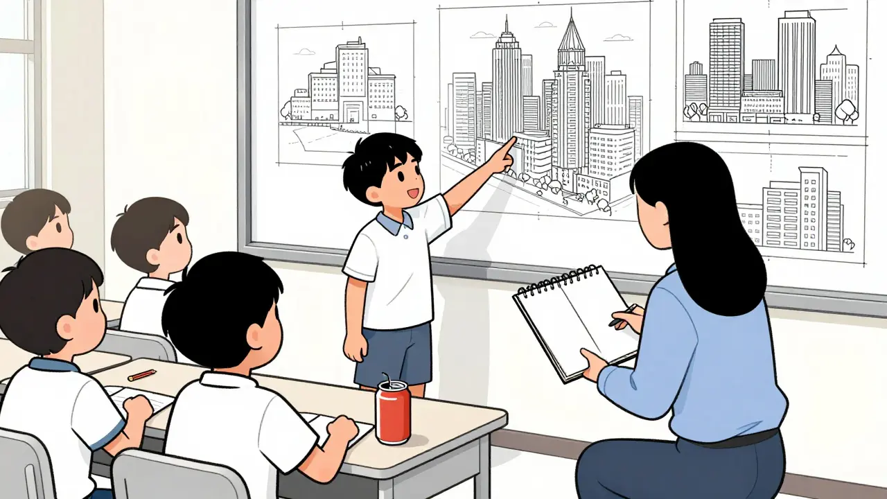 Dítě ukazuje na detailní kresby města, učitelka sedí vedle něj.