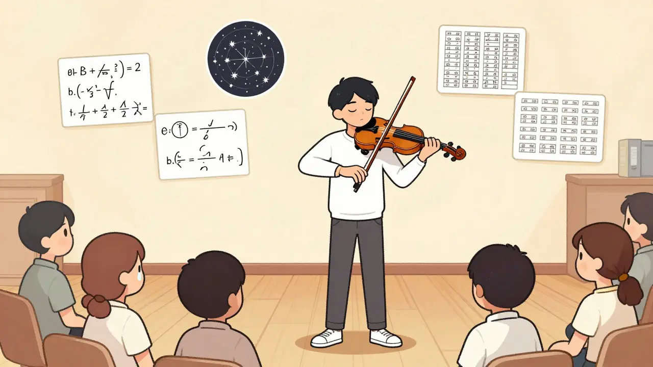 Dospělý hraje na housle, za ním se objevují matematické vzory a mapy.