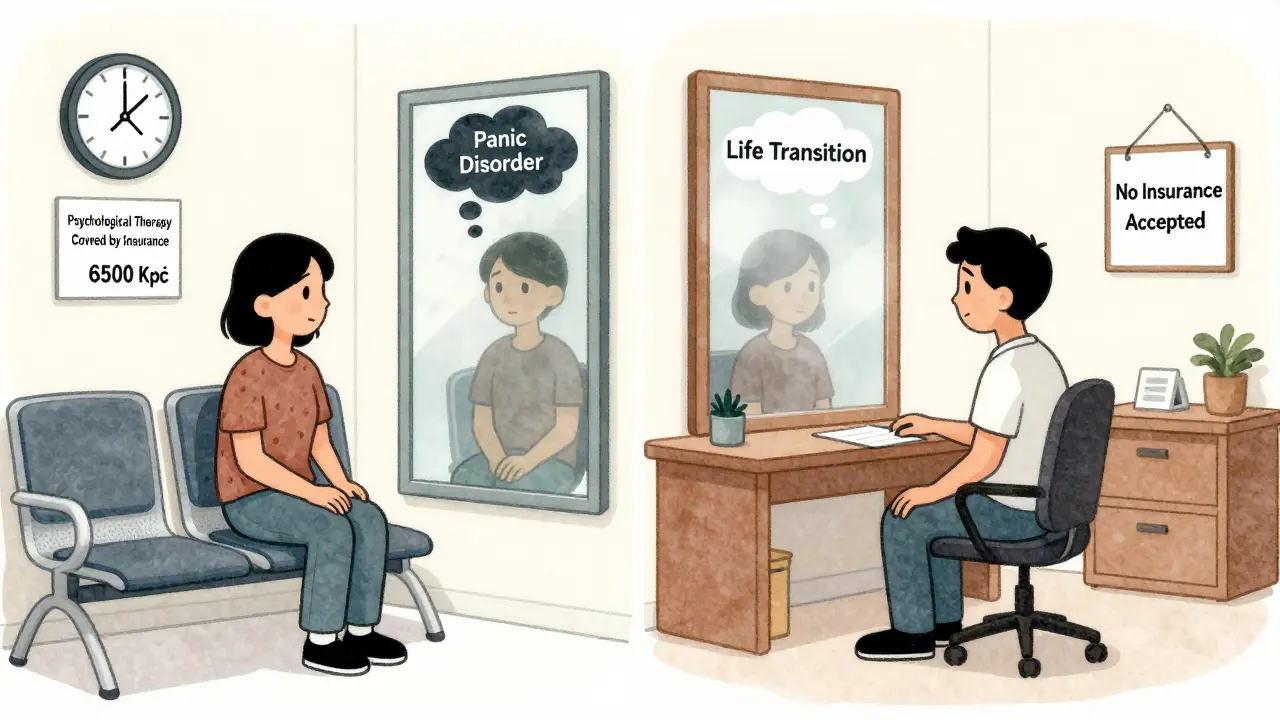 Dva klienti v různých prostředích — jeden s pojištěním, druhý v soukromé praxi.