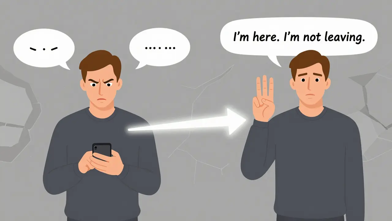 Dva obrazy stejného muže: jeden znepokojený, druhý klidný – spojené světelnou cestou, symbolizující změnu reakce.