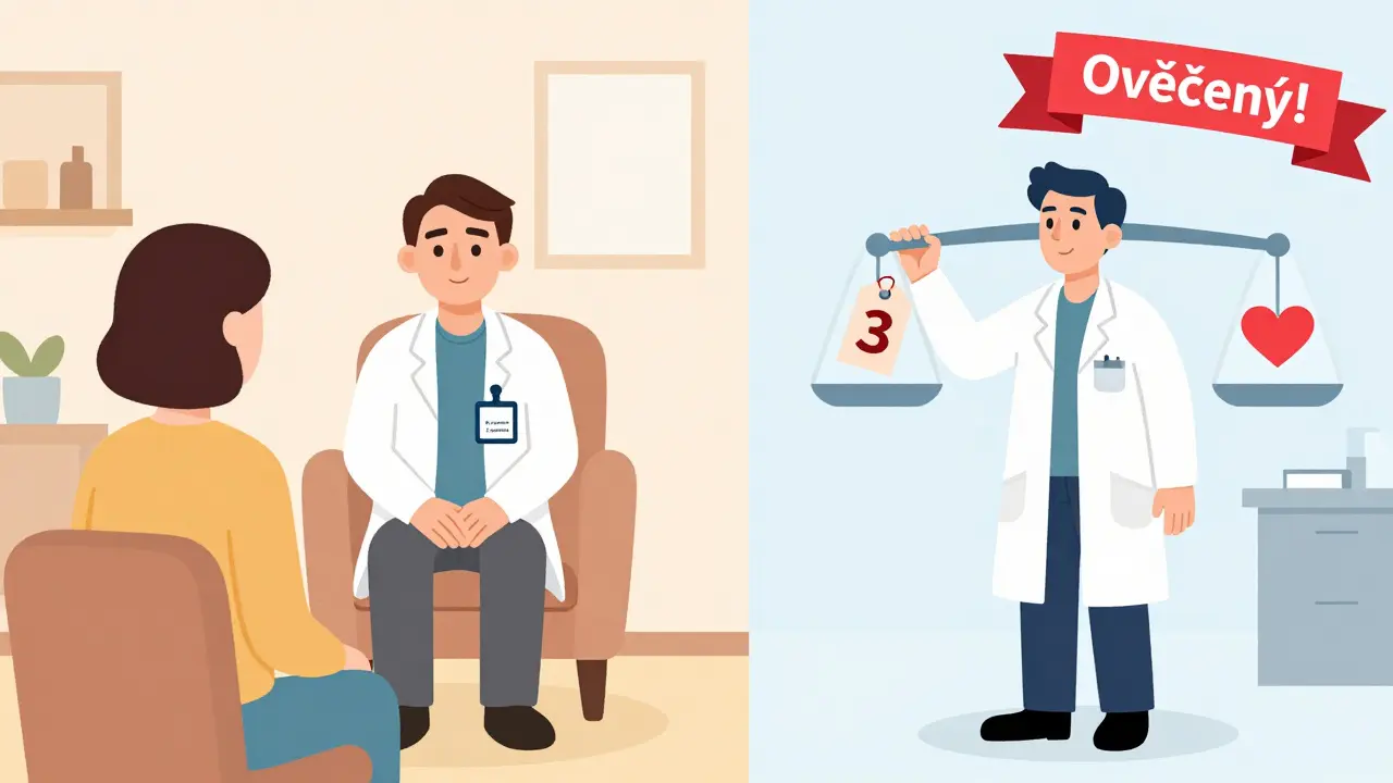 Dva terapeuté: jeden s potvrzením o supervizi a skutečnou péčí, druhý s nápisem 'ověřený' ale bez dalších kvalifikací.