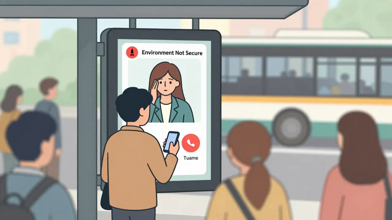 Klient se připojuje k terapii na autobusové zastávce, terapeut na obrazovce odmítá spojení.