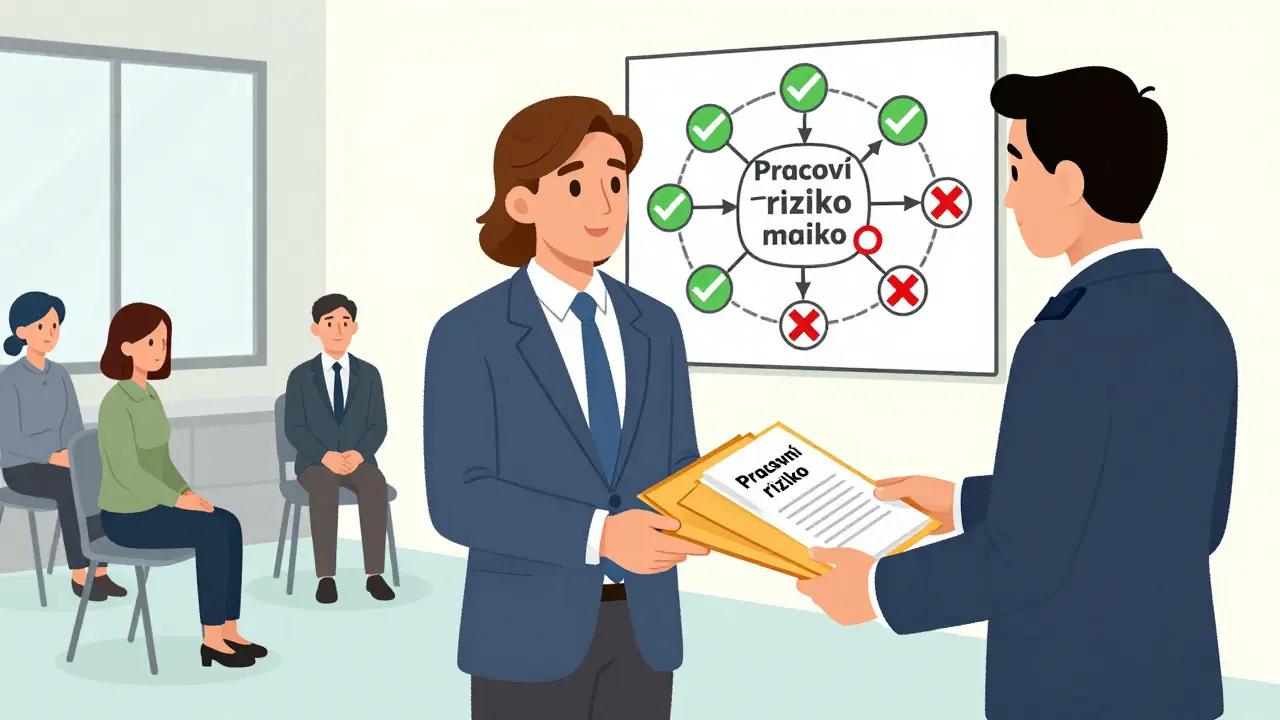Manažer předává úředníkovi dokumentaci o pracovním riziku, zatímco zaměstnanci mají terapii v klinice.