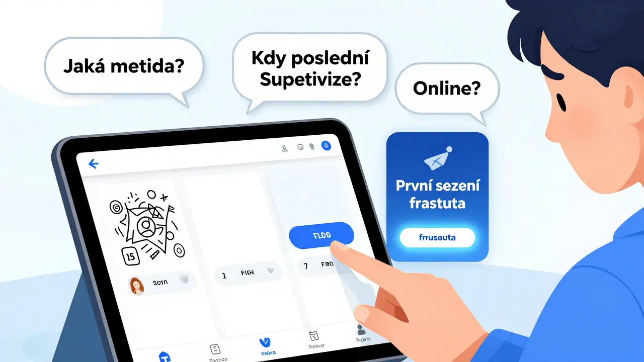 Mladý člověk prochází třemi online katalogy terapeuty, jeden je přehledný s klíčovými otázkami, které pomáhají vybrat.