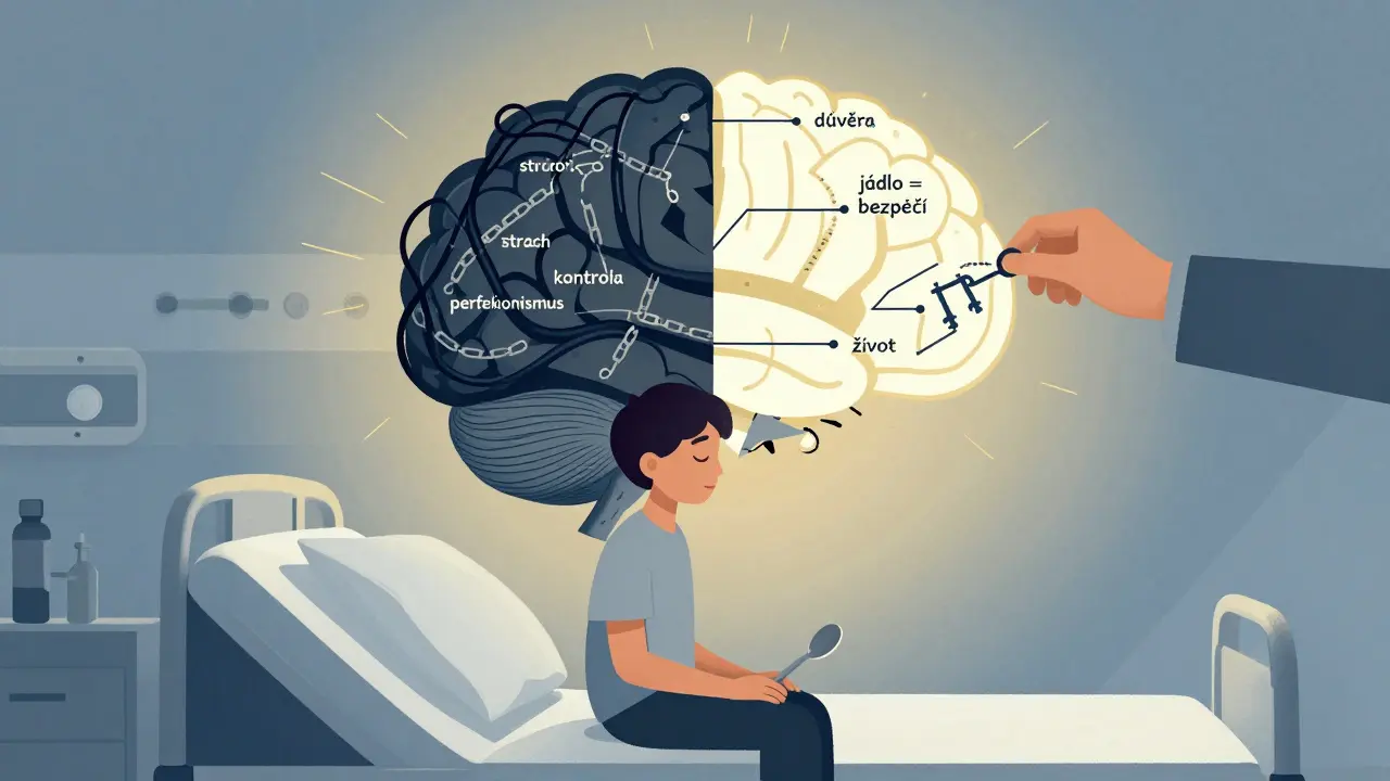 Mozek s temnou a světlou stranou, terapeut překlouzává cesty k uzdravení, dívka drží lžíci.