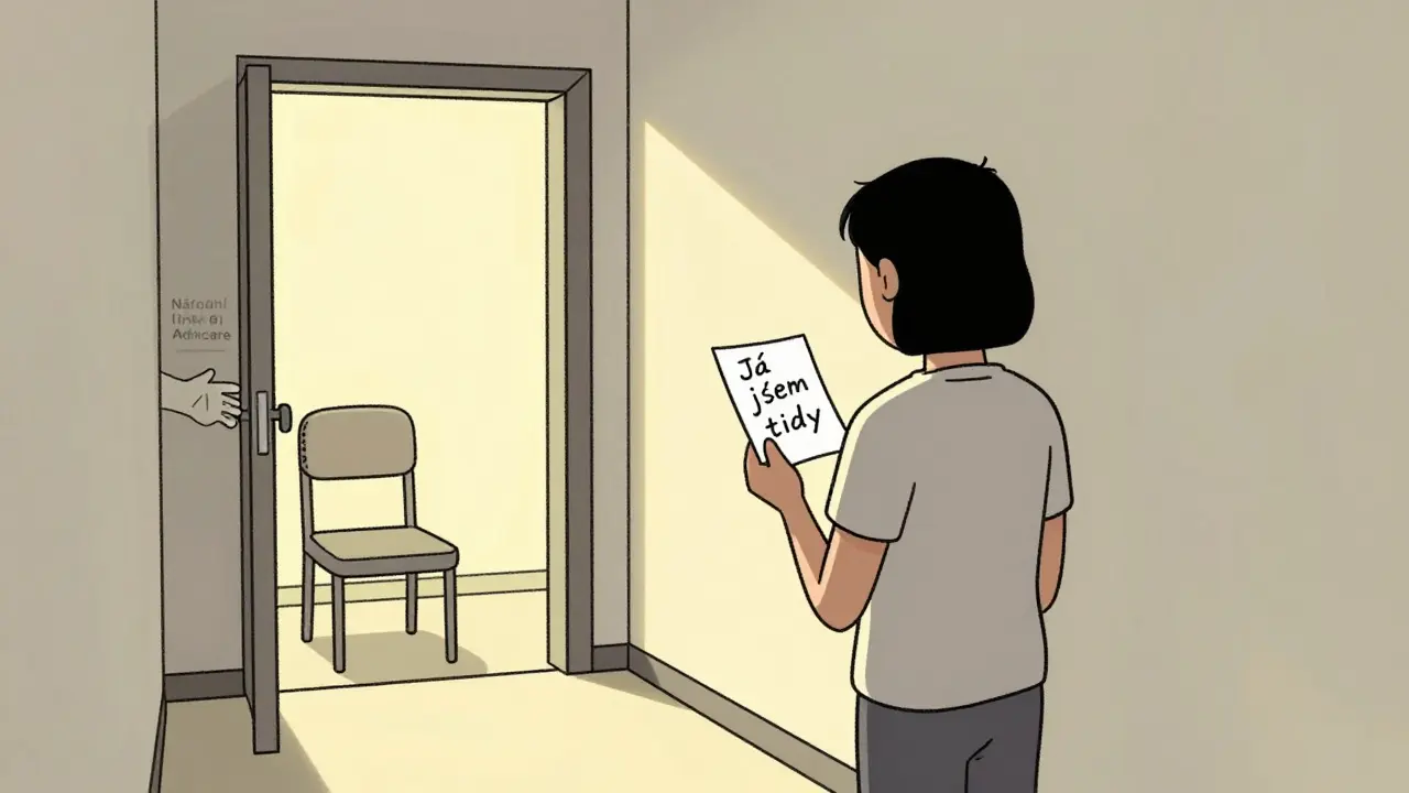 Osoba drží note 'Já jsem tady' ve vchodu, kde září světlo a čeká židle — symbol trvalé podpory a odborné pomoci.