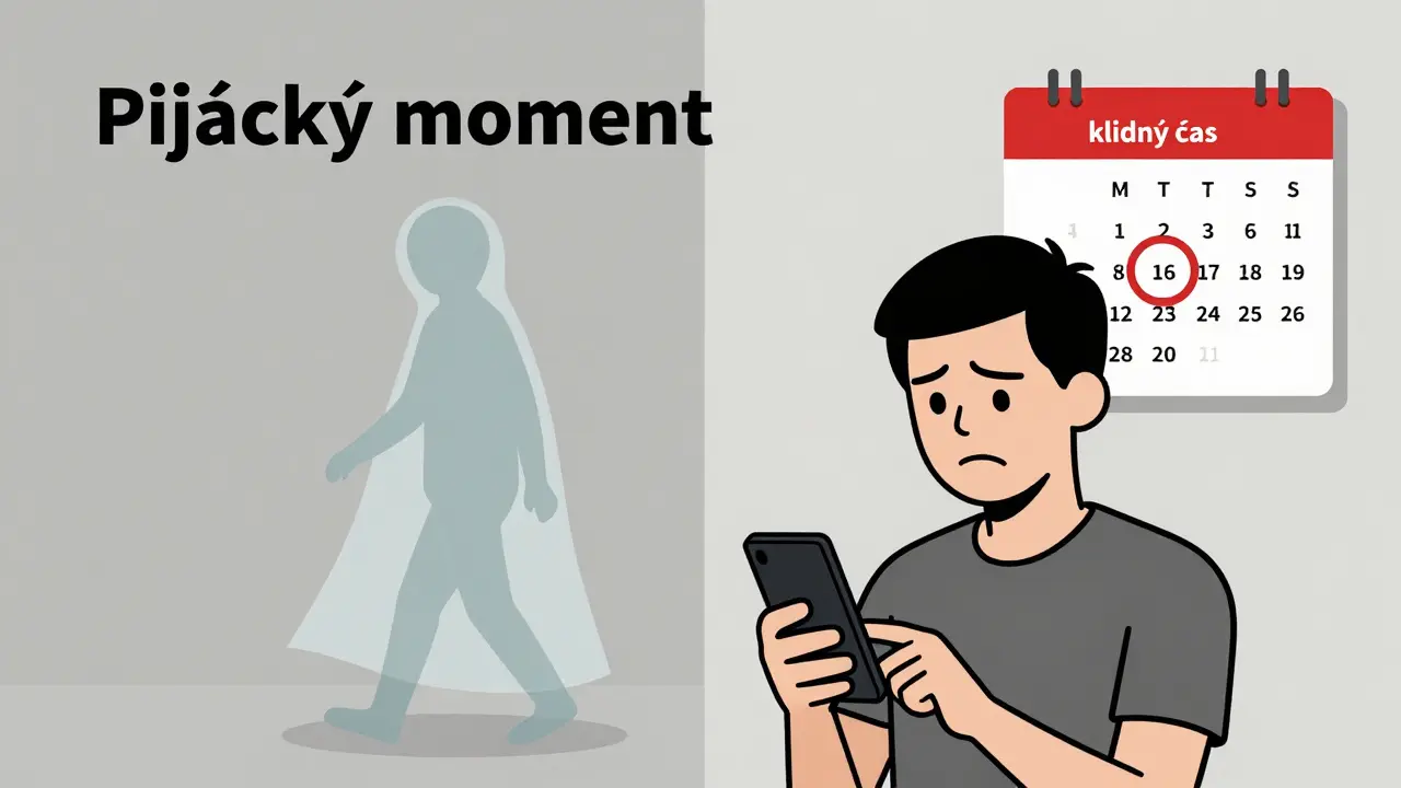 Osoba hovoří po telefonu, zatímco její blízký se vzdaluje, symbolizující špatný čas pro rozhovor o závislosti.