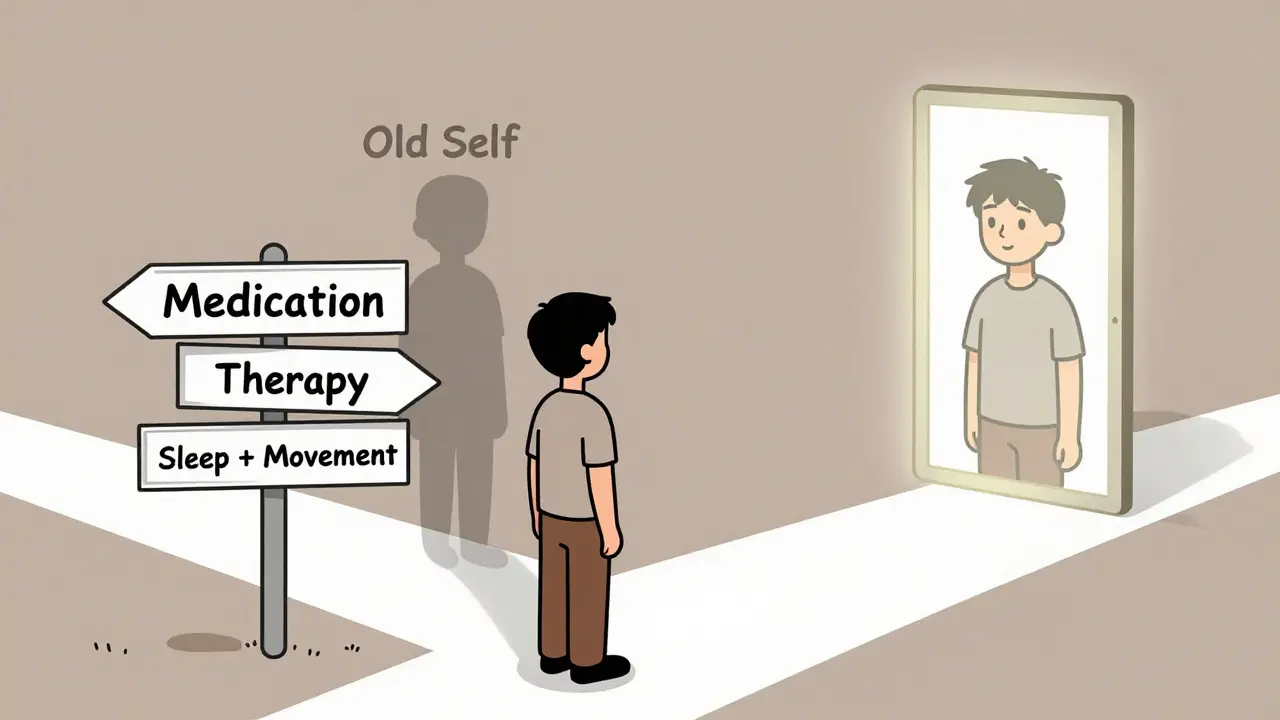 Osoba na rozcestníku s možnostmi léčby depresi a odrazem svého bývalého já.