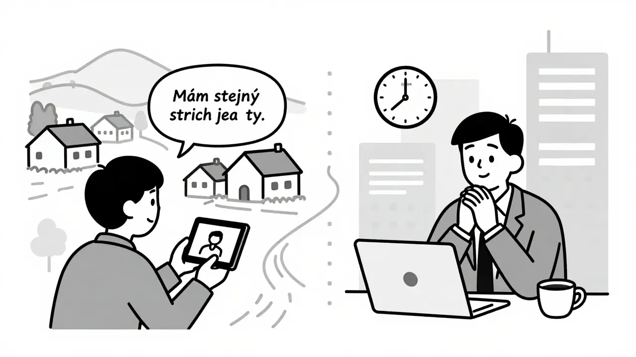 Osoba z venkova a pracující v městě se připojují k virtuální terapeutické skupině.