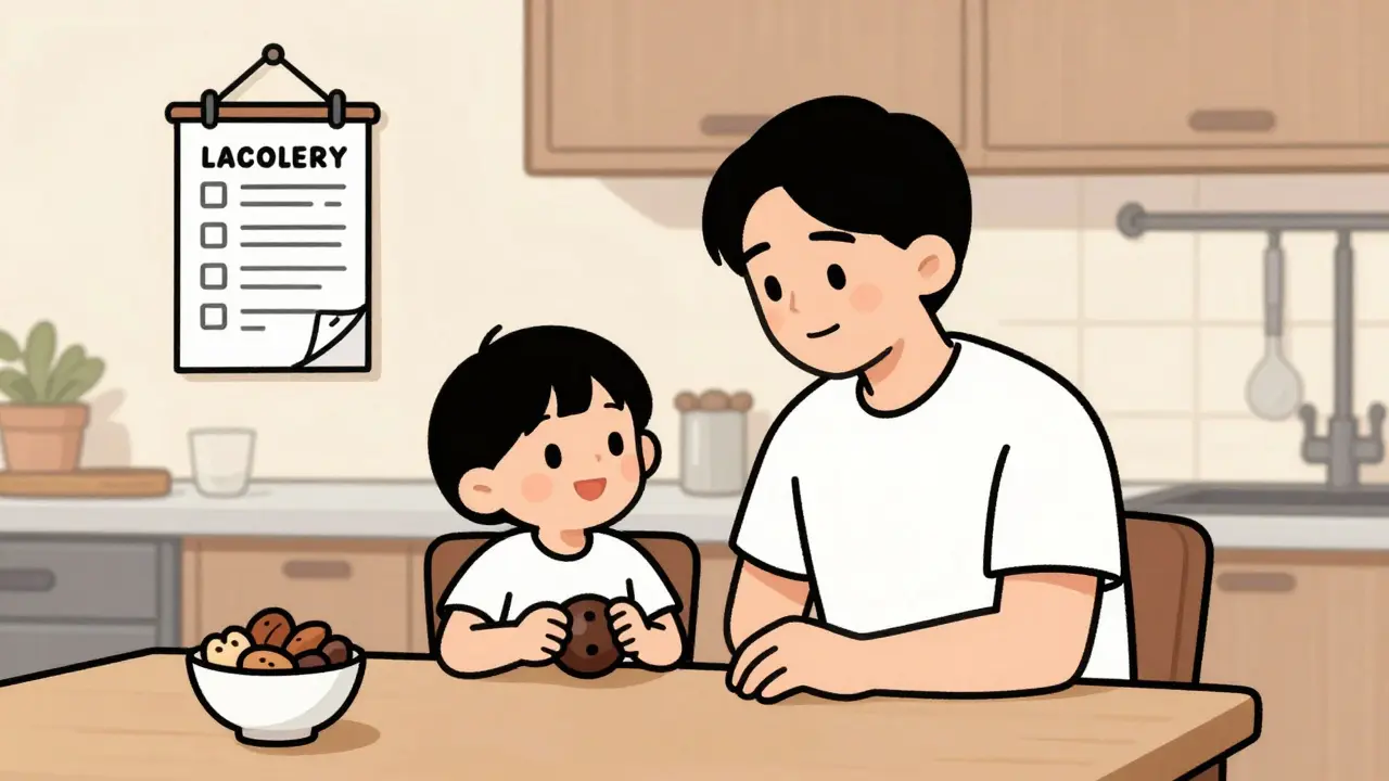 Rodič a dítě sedí u stolu, dítě hraje s malým předmětem, na pozadí vizuální plán a zdravé jídlo.