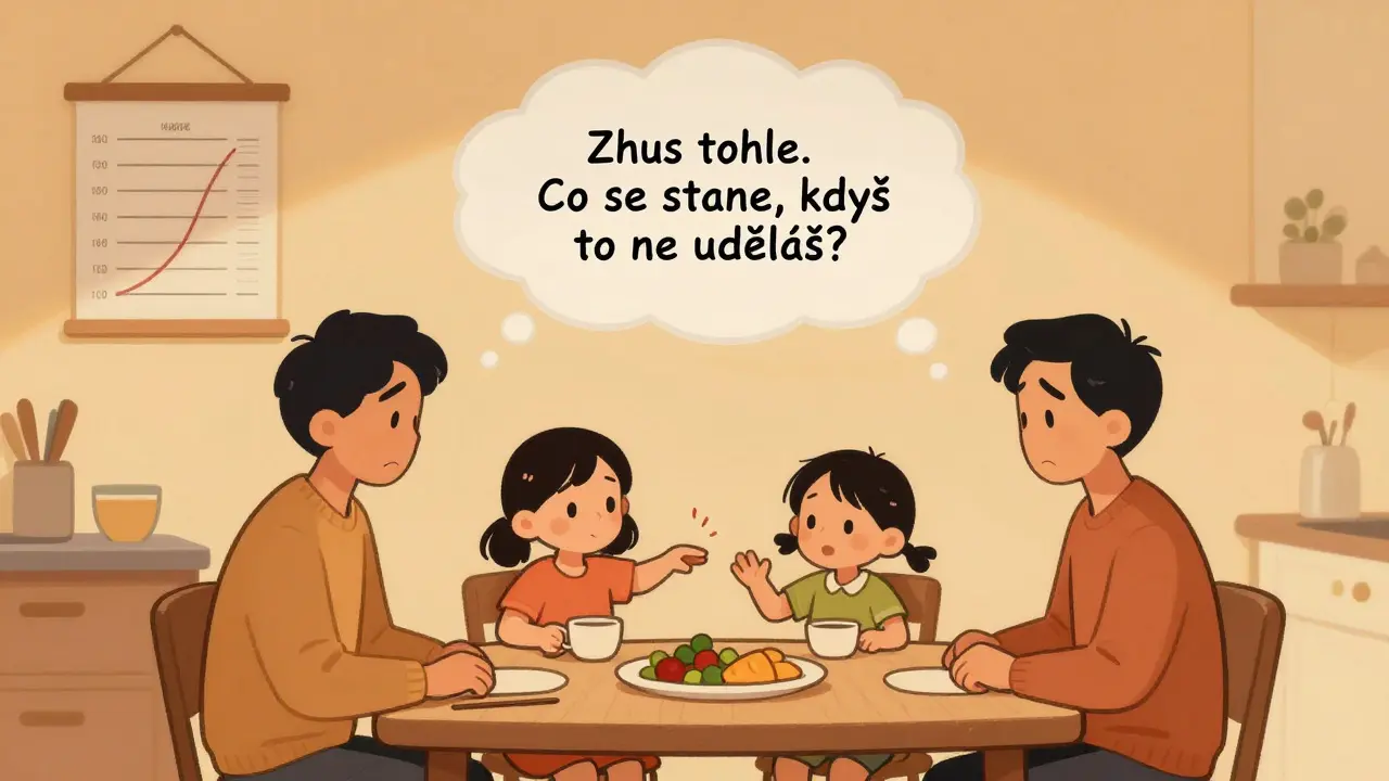 Rodina u stolu, dcera odmítá jídlo, rodiče jsou zmatení, terapeut se objevuje jako myšlenka.