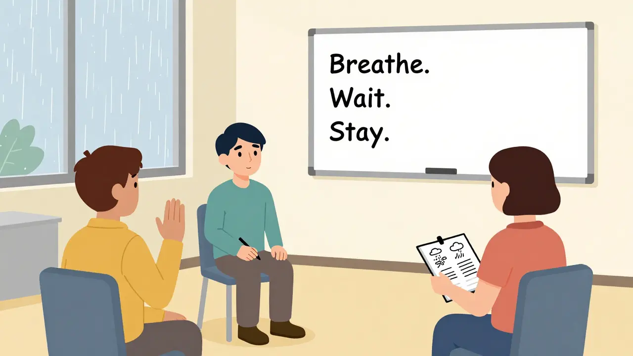 Skupina partnerů poslouchá terapeuta v jasném učebně, na tabuli jsou tři jednoduchá pravidla pro reakci.