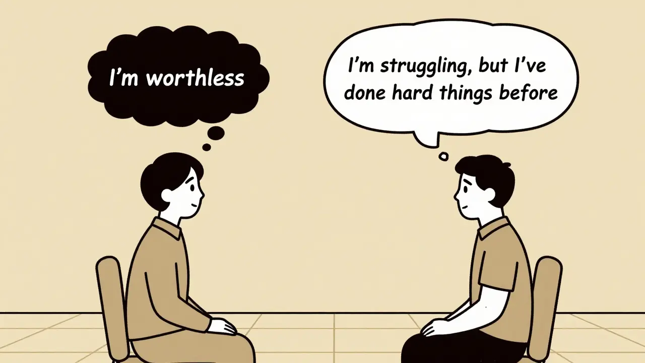 Terapeut a klient spolu hovoří, myšlenky se přeměňují z temných a ostrých na jasné a zaoblené, v pozadí klidná místnost.