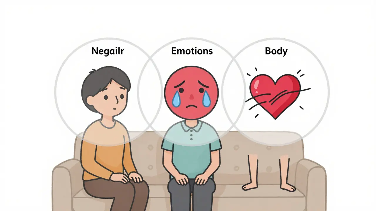 Terapeut a klient spolu s vizuálním přehledem myšlenek, emocí a tělesných reakcí.