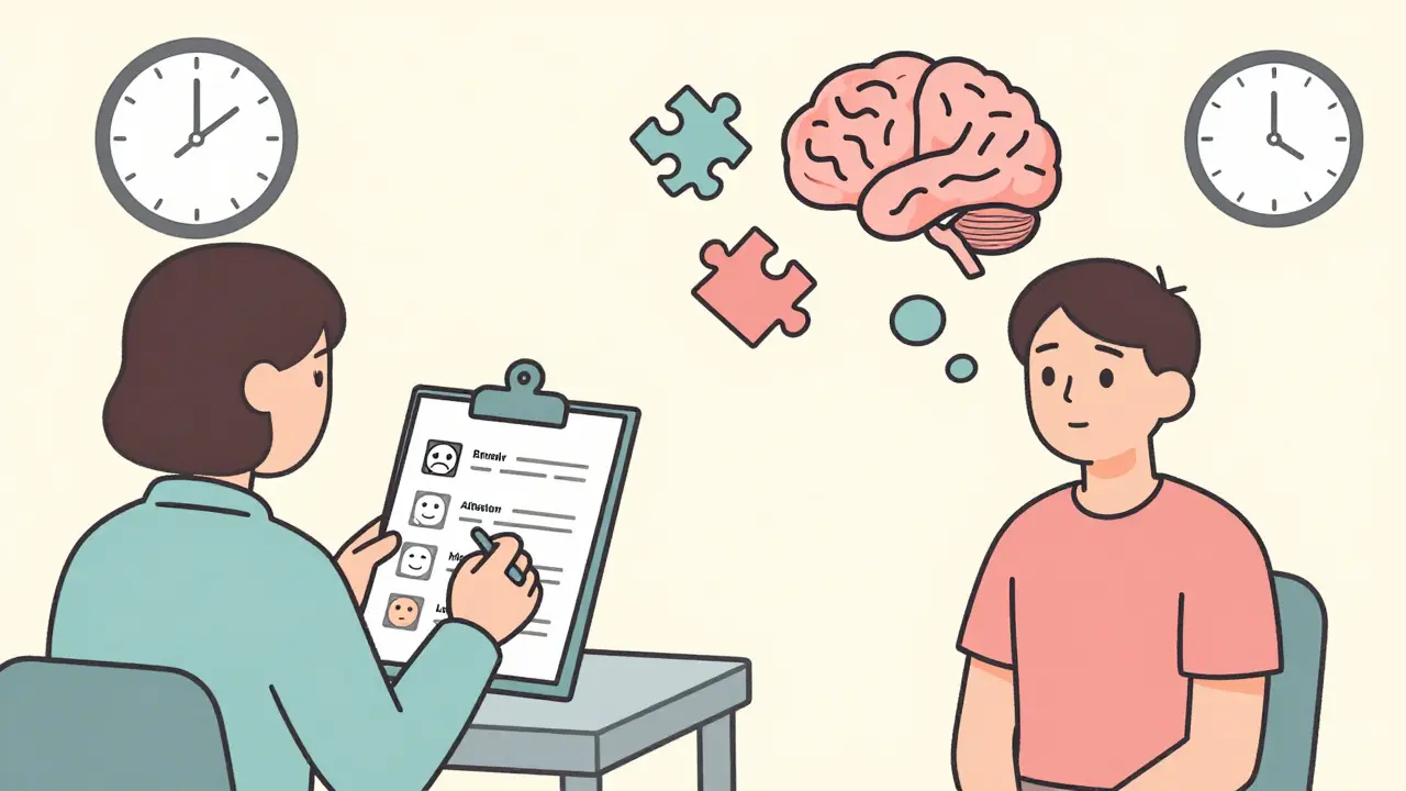 Terapeut provádí psychologický test, zatímco myšlenky klienta tvoří obraz mozkového vzoru.