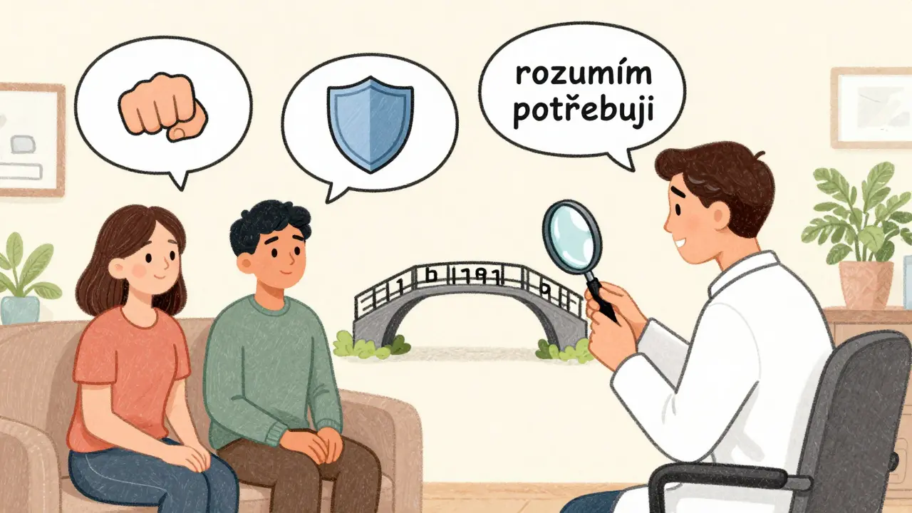 Terapeut s magnifikací ukazuje na most slov mezi párem, který přeměňuje kritiku na porozumění.