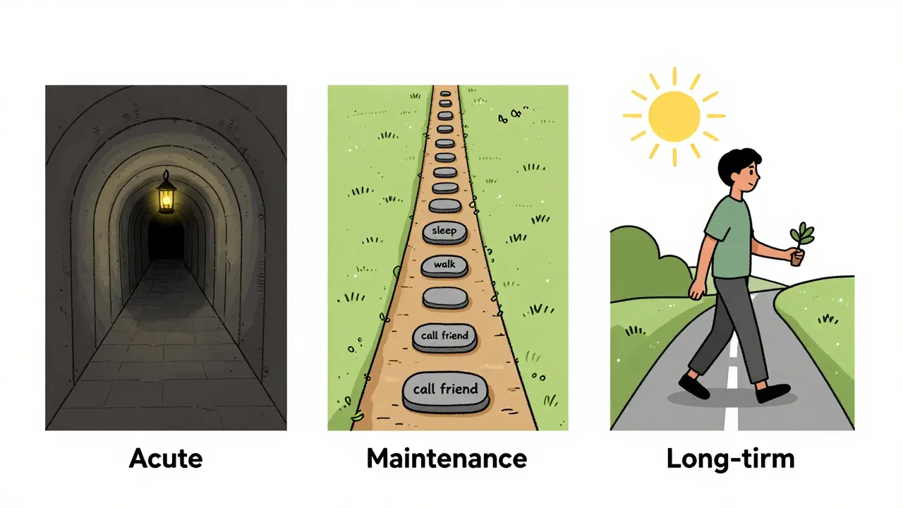 Tři fáze léčby deprese jako cesty s různými značkami a úrovněmi osvětlení.
