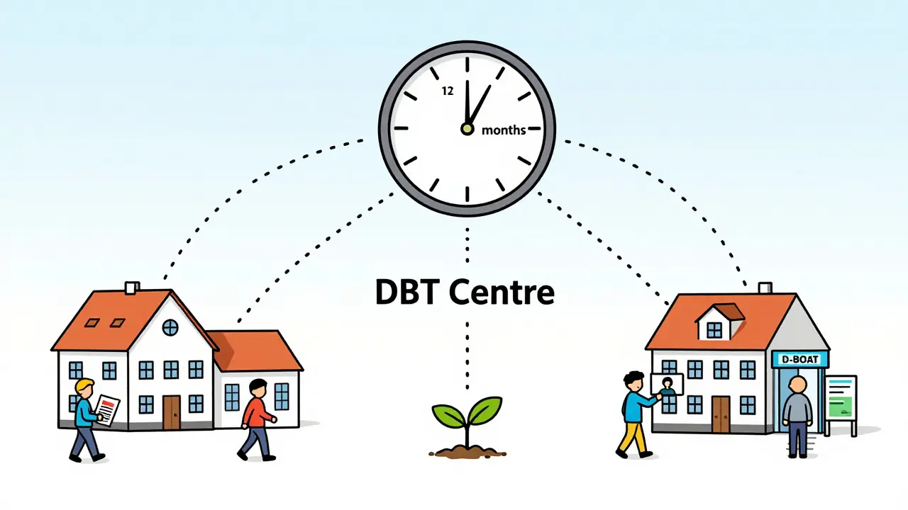 Tři lidé z různých měst směřují k centru DBT, někteří pomocí brožury nebo online konzultace.