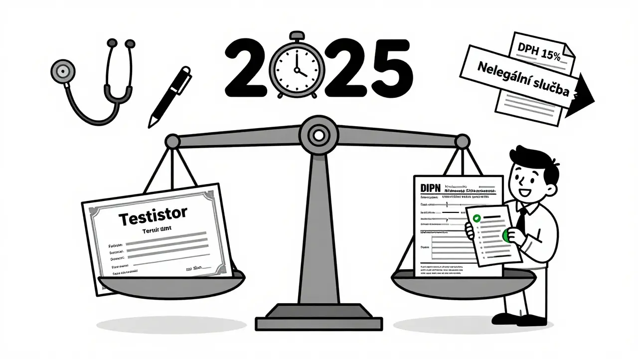 Váha balancuje certifikát terapeuta a daňový přiznání, s hodinami ukazujícími rok 2025 a ikonami léčby a DPH.