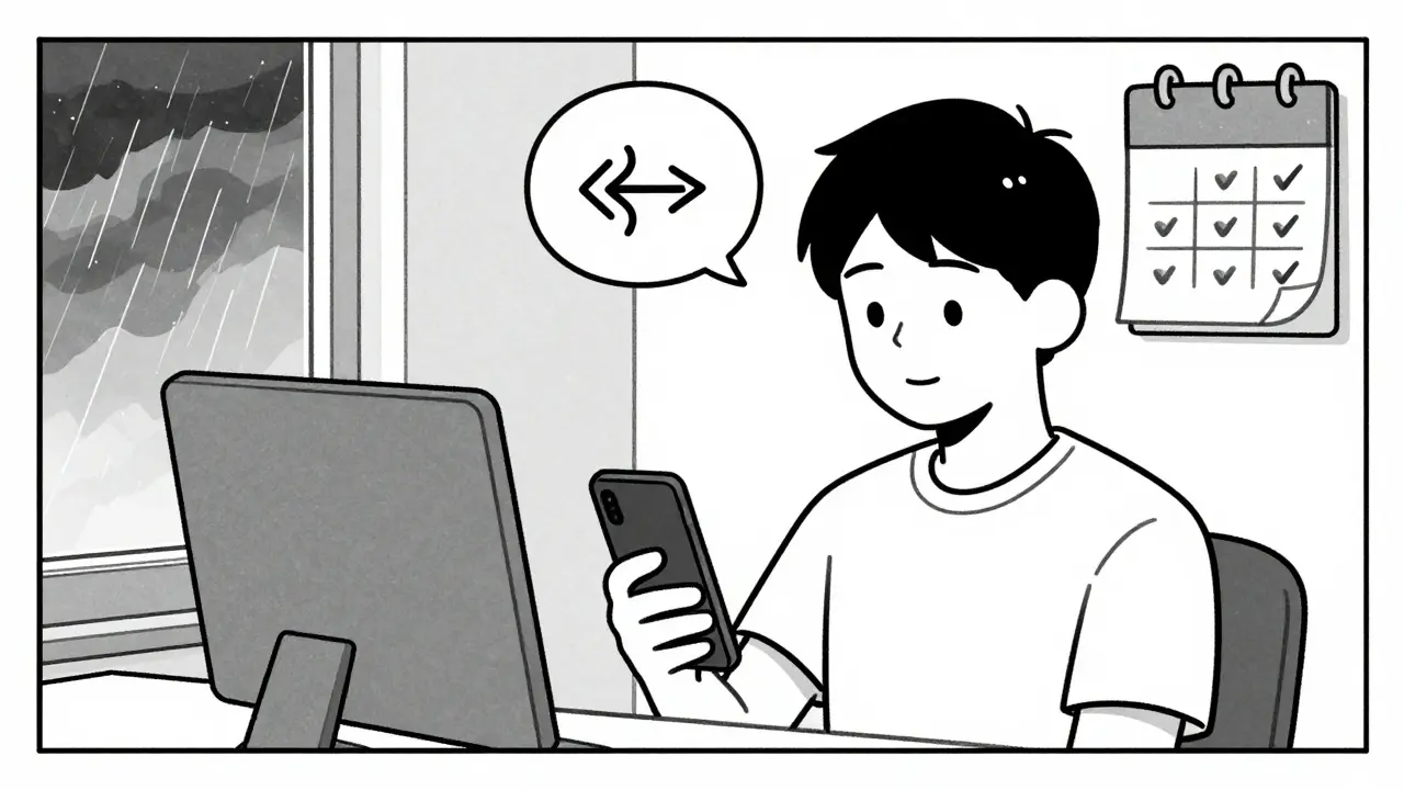 Young person using breathing technique during phone coaching, with progress marked on a wall calendar.