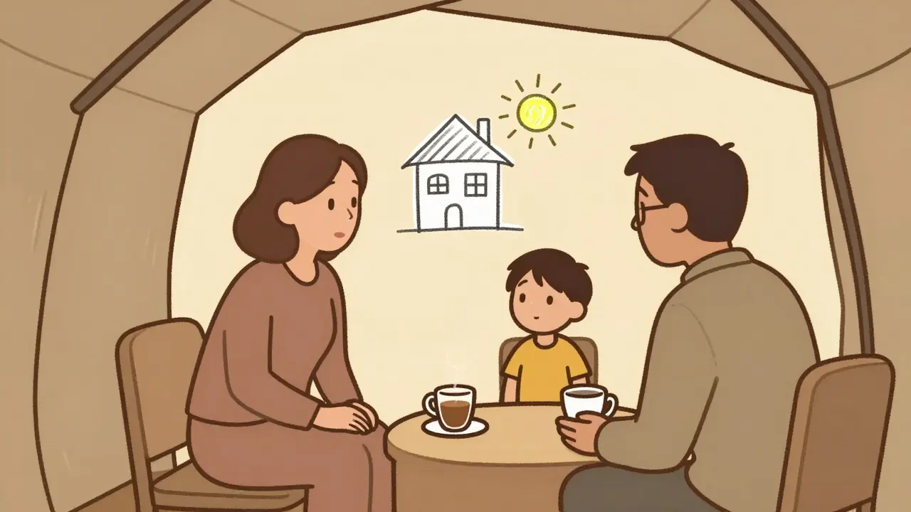 Žena a dítě v bezpečném útočišti mluví s poradkyní za šálkem čaje.