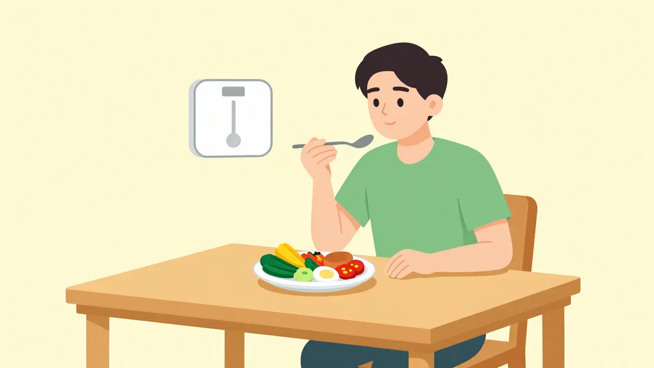 Člověk praktikující vědomé stravování s vizuální stupnicí sytosti vedle sebe.