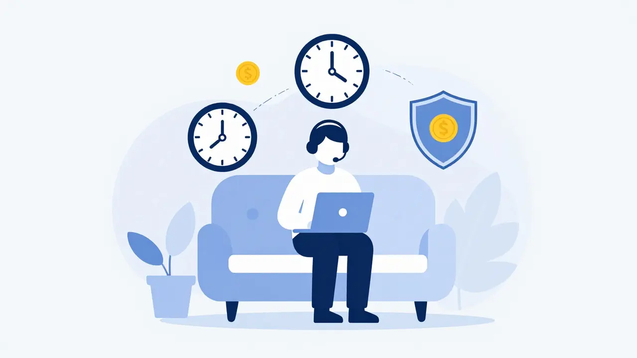 Člověk s headsetem obklopený symboly úspory času, peněz a kybernetické bezpečnosti.