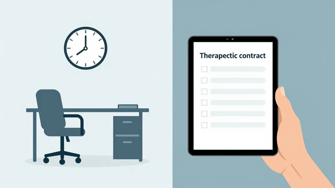 Ilustrace prázdné terapeutické místnosti a transparentních storno podmínek.