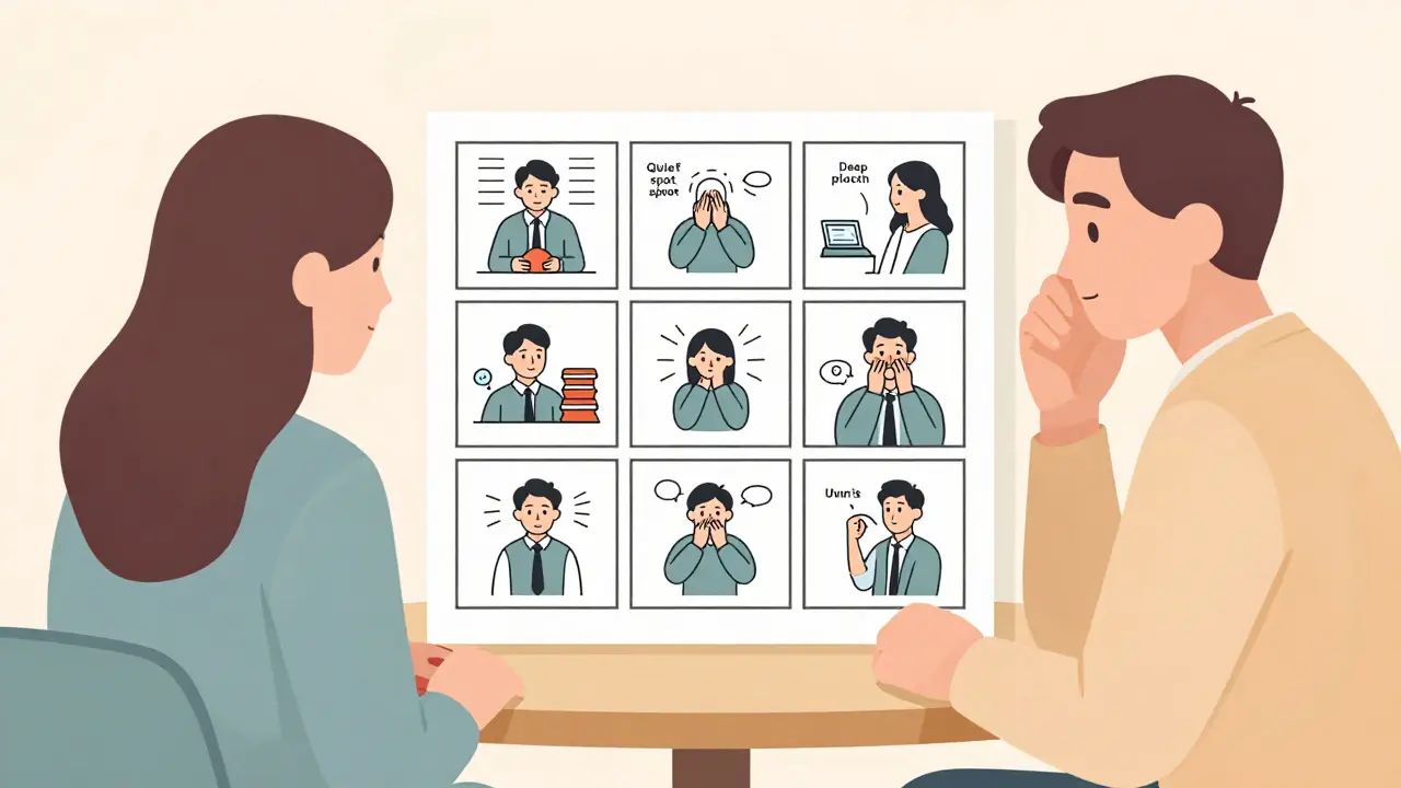 Ilustrace terapeutické sezení s vizuálními pomůckami pro zvládání úzkosti.