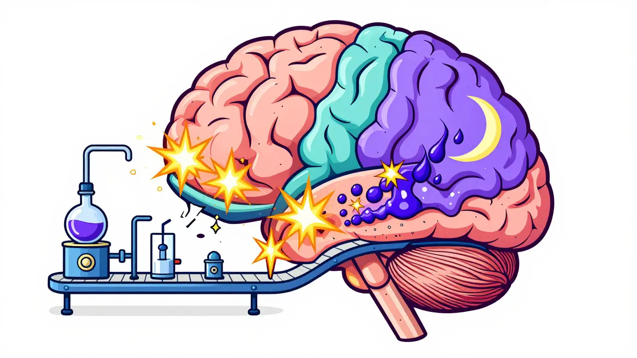 Konceptuální schéma mozku jako továrny přeměňující serotonin na melatonin.