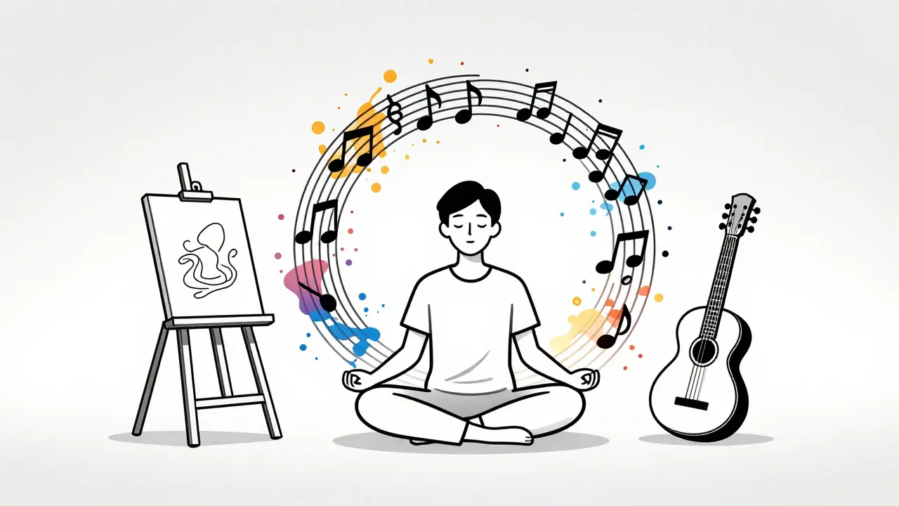 Konceptuální spojení arteterapie a muzikoterapie symbolizující vnitřní harmonii.