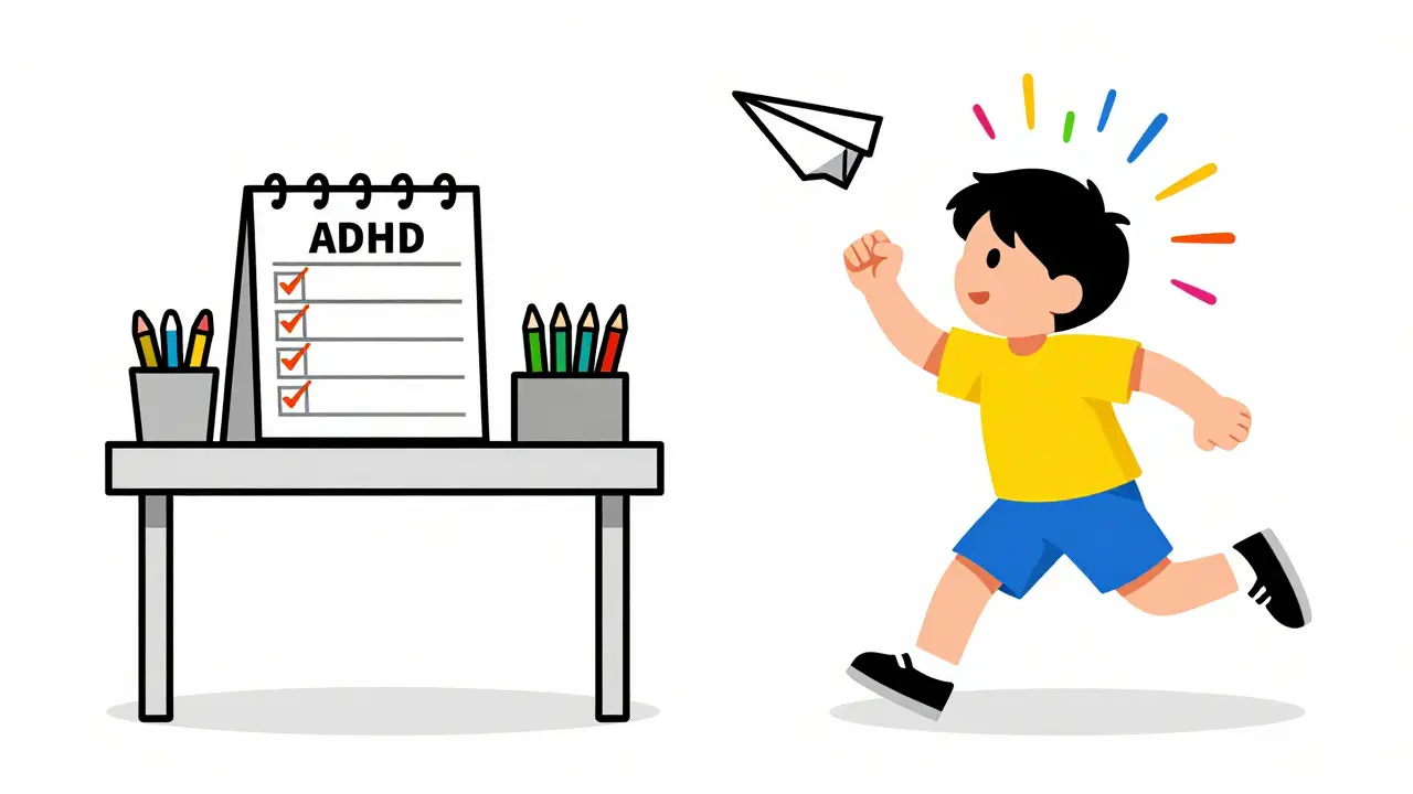 Kresba dítěte znázorňující kontrast mezi potřebou řádu a impulzivitou ADHD.