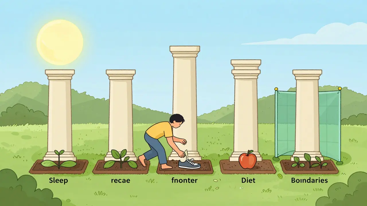 Kresba metaforické zahrady představující pilíře duševního zdraví.