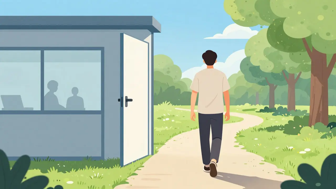 Kresba osoby, která opouští neprofesionální terapii a směřuje ky bessere budoucnosti.