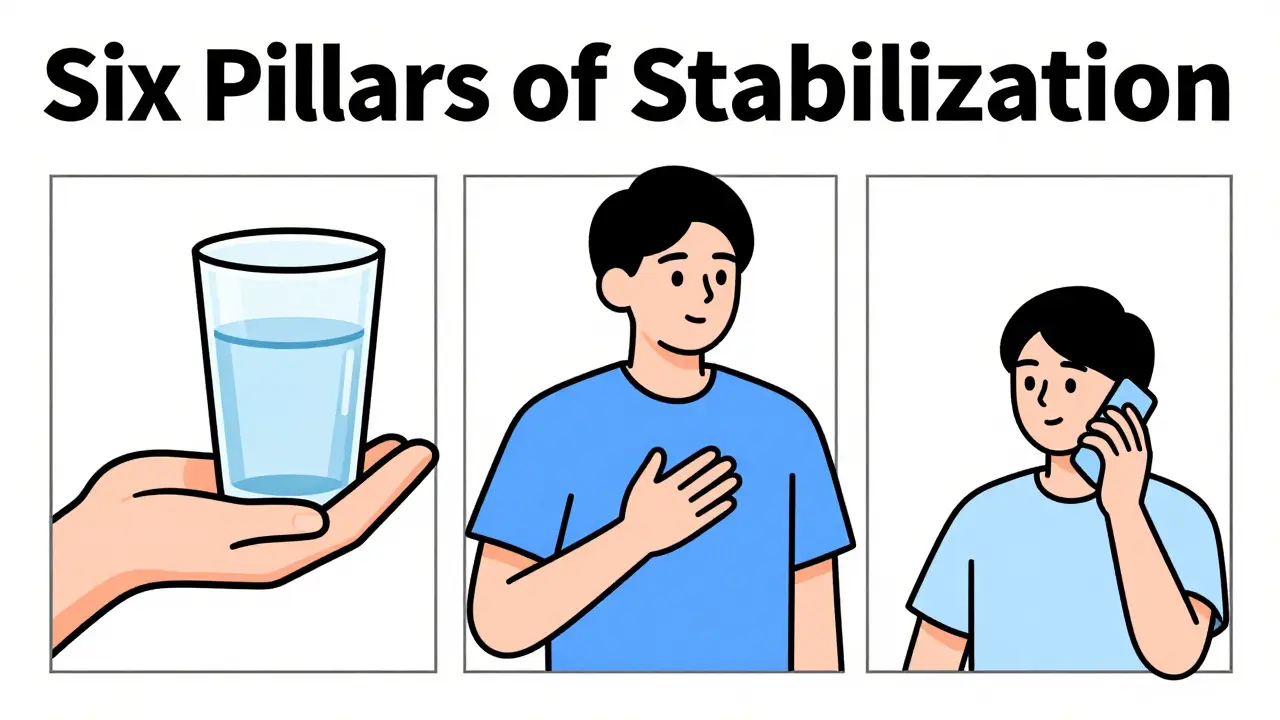 Kresby znázornující praktickou pomoc, jako je podání vody a společné dýchání.