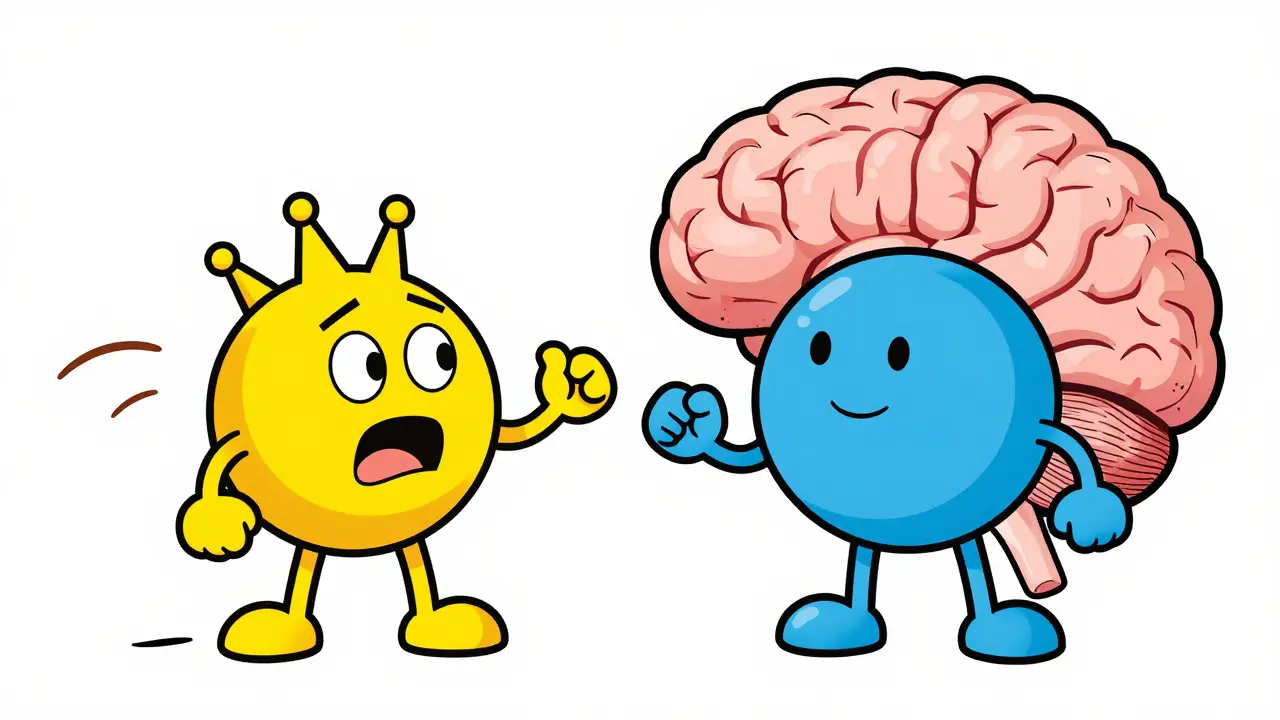 Kreslené personifikace hormonů ghrelinu a leptinu uvnitř lidského mozku.