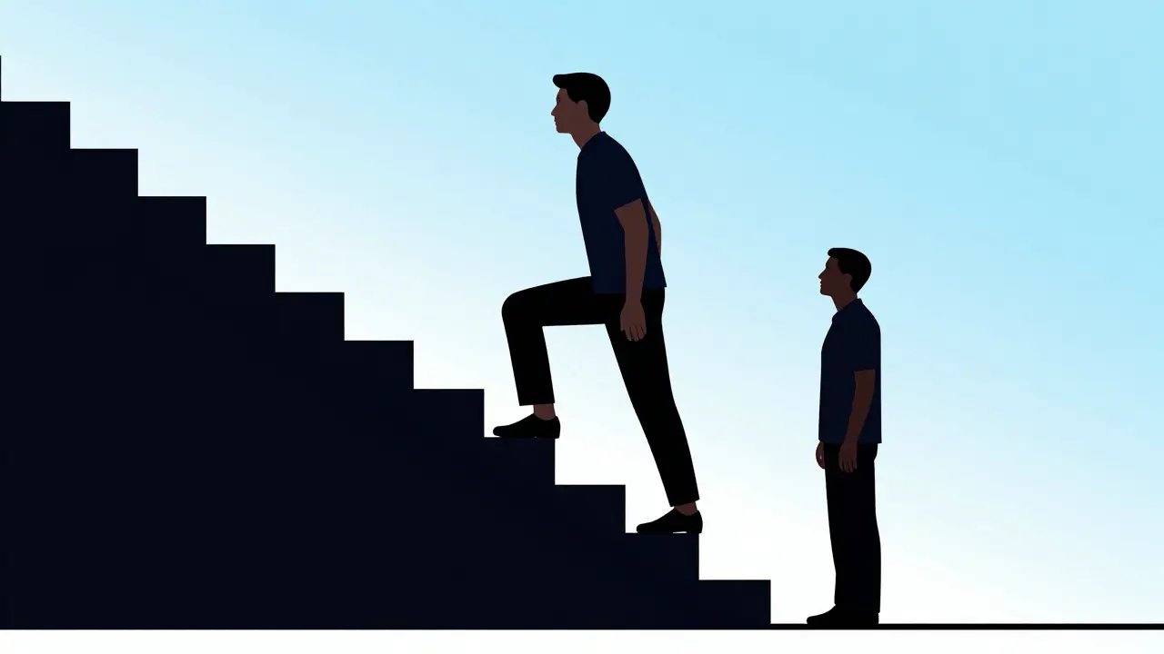 Metafora psychického pokroku a cesty k uzdravení s podporou terapeuta.