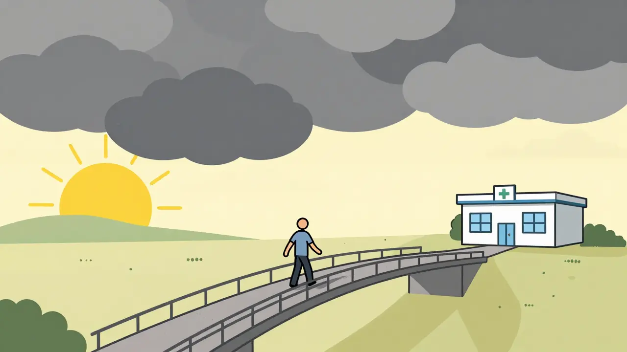 Metaforický most vedoucí z temné krize k odborné profesionální pomoci.