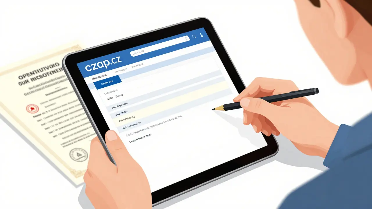 Ověřování kvalifikace terapeuta pomocí online adresáře a certifikátu.