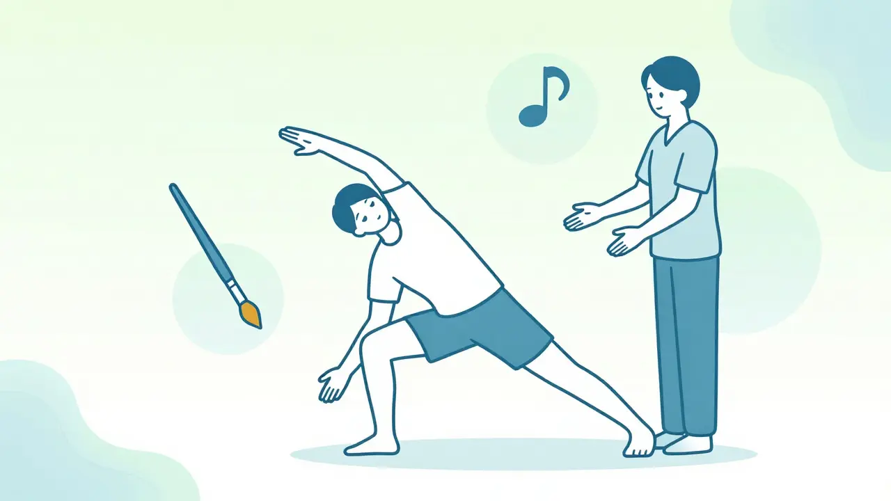 Pacient v terapii využívající pohyb, umění a hudbu k léčbě.